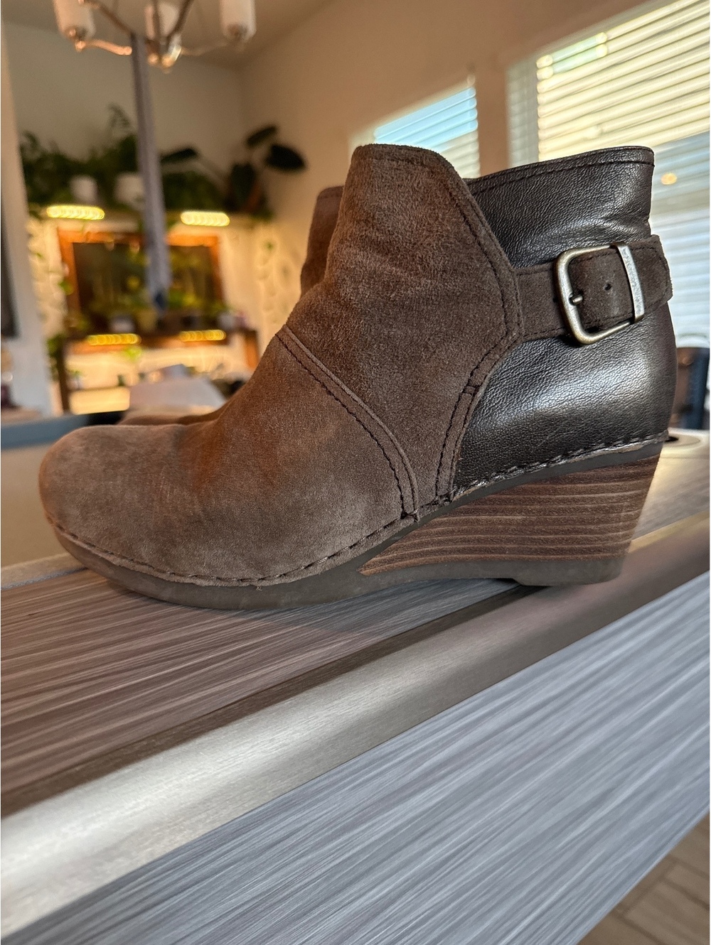 Dansko Brown Suede and Leather Ankle Wedge Boots with Buckle